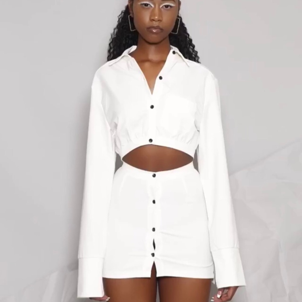 Matte brand white button up crop top and skirt set
